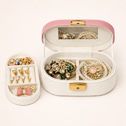Travel Jewelry Organizer with Mirror & Double-Layer Storage
