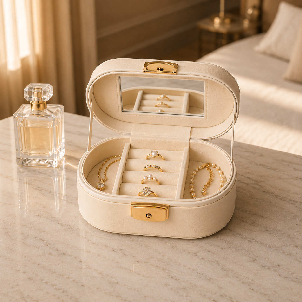Travel Jewelry Organizer with Mirror & Double-Layer Storage